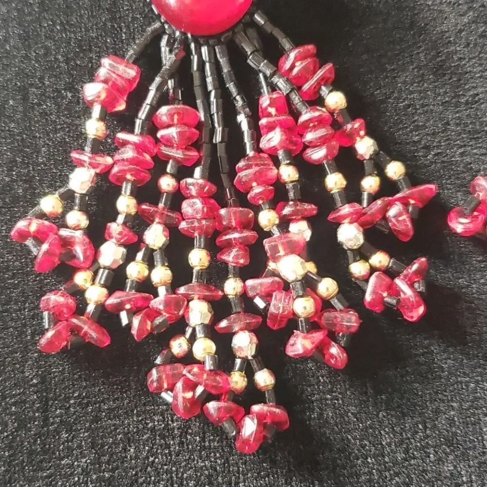 Western Fringe Red n Black Studded Earrings - Picture 6 of 7
